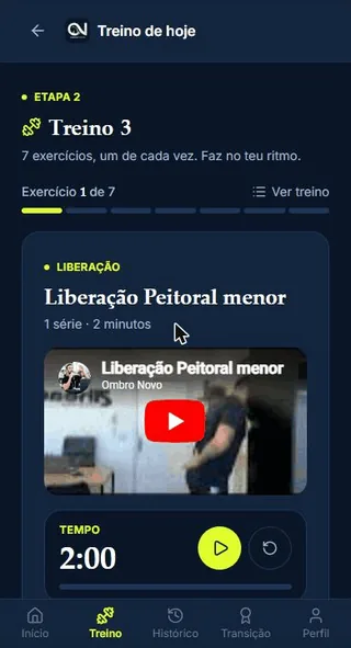 Tela do treino do dia no app Ombro Novo com vídeo do exercício e cronômetro